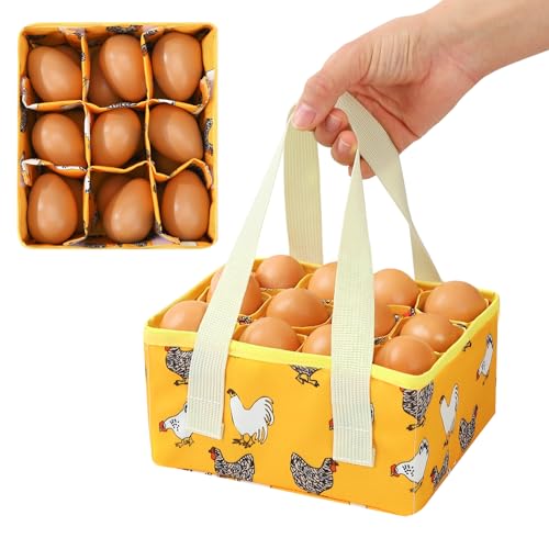 Removable Egg Collecting Basket, Foldable Canvas Egg Holder | Egg Basket for Gathering Fresh Eggs with 9 Pouches, Collector Egg for Chicken, Duck, Goose (Yellow-flowered Chicken) - style: Yellow-flowered Chicken