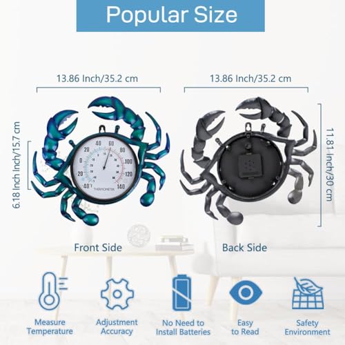 14" Crab Outdoor Thermometer, Decorative Wall Thermometers | Metal Indoor Thermometer No Need Battery, Easy to Read for Patio Garden Living Room Decor - color: Blue Crab