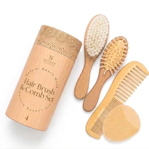 Baby Hair Brush & Cradle Cap Brush, Newborn Grooming Kit | 4-piece grooming set ,Soft goat hair bristles ,Great for all hair types ,Gender neutral newborn