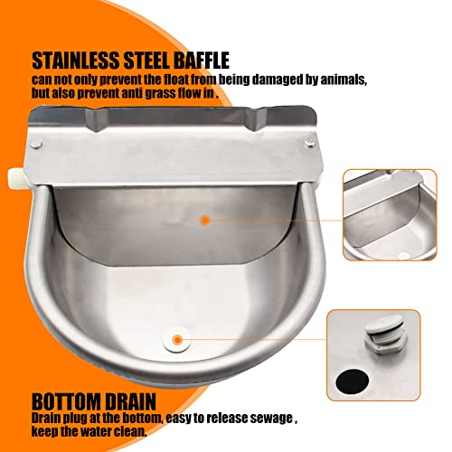 Automatic Livestock Water Bowl Float Valve Self-Filling Dog Goat Chicken | 304 Stainless Steel Animal Waterer Auto Refill, Horse Pig Cow Sheep Cat, Drainage, 3/4" GHT Hose & Mounting Bolts, Farm Ranch