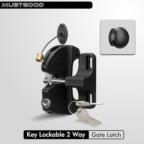 Key Lockable 2 Sided Gate Latch with Spring Pull Cable and Key,2 Way Gate Fence Lock for Outdoor Gates,Locking Gate Door Lock Fence Latch Gate Hardware for Metal,Wood,Vinyl Fence,Black Finish