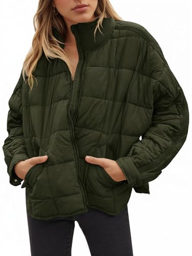 GeGekoko Women's Lightweight Oversized Long Sleeve Zip Water Resistant Packable Puffer Jacket Warm Short Winter Coat - color: Green, size: X-Large