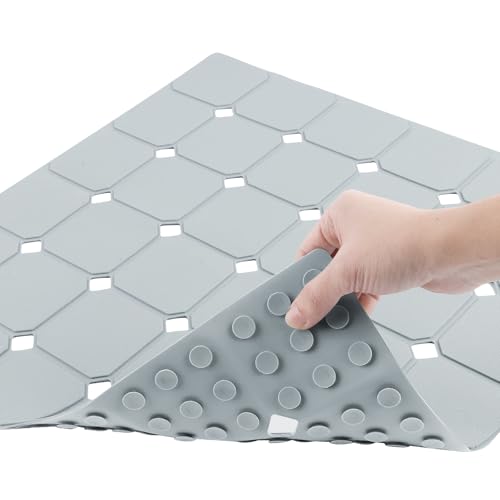 Shower Mat Non Slip 21"x21" Silicone Foldable Bath Mat with Suction Cups & Drain Holes, Odorless, Eco-Friendly & Durable, Machine Washable Shower Stall Mat for Adults, Seniors Grey - color: Grey