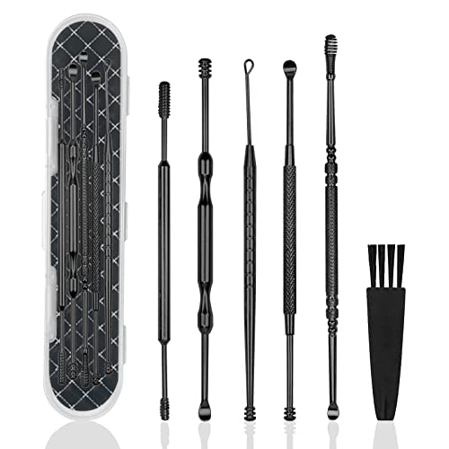 Hion 6 Pcs Ear Wax Removal Kit,Professional Double-Headed Ear Pick Earwax Removal Tools,316L Stainless Steel Ear Cleaner Curette with Cleaning Brush and Storage Box,Suit for Kid Adult(Black) - color: Black