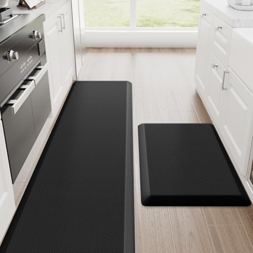 StepRite 1-Inch Kitchen Mats for Floor, 2-Piece Anti-Fatigue Rugs, Black | 20" x 32" + 20" x 72", extra-thick cushioning, water-resistant, easy to clean, non-slip, for kitchens and standing desks - color: Black, size: 20" x 32"+20" x 72"- 1 inch