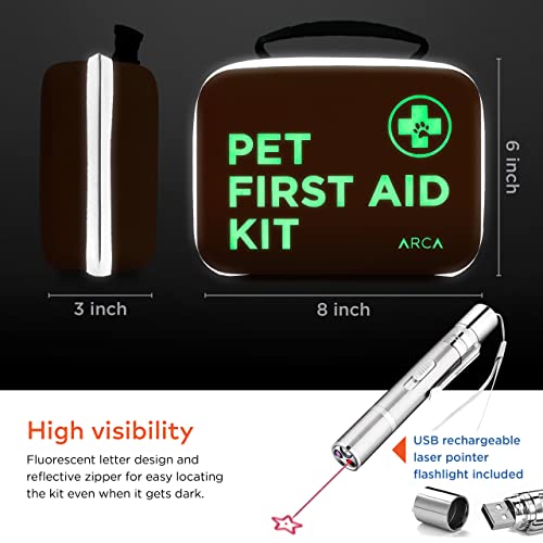 ARCA PET Cat & Dog First Aid Kit - High Visibility Reflective Zipper with Fluorescent Letter Print - 100 pcs with Dog Thermometer, Tick Remover Kit & Pet First Aid Kit Manual Book - size: CarePlus Kit