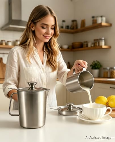 304 Stainless Steel Measuring Cup with Lid, Strainer, 32oz pitcher for Milk | 1000ml Metal Liquid Measuring Cup with ML/OZ Scale, 4 Cup Kitchen Pitcher for Baking, Coffee,Tea and Food Preparation