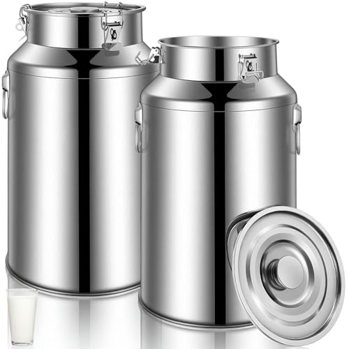 FillTouch 2 Pcs Stainless Steel Milk Can 35L/ 9.25 Gallon Heavy Duty Metal Milk Dispenser Container Pail Water Jug with Locking Sealed Lid Food Wine Oil Storage Container for Home Farm Kitchen - size: 35l