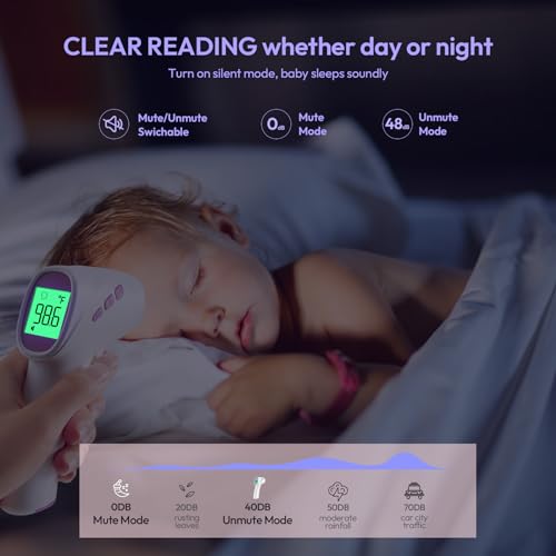 Forehead Thermometer for Adults, Kids & Babies, No-Touch Digital Thermometer with LCD Backlight Display, Fever Alarm and 1s Instant Reading - Purple