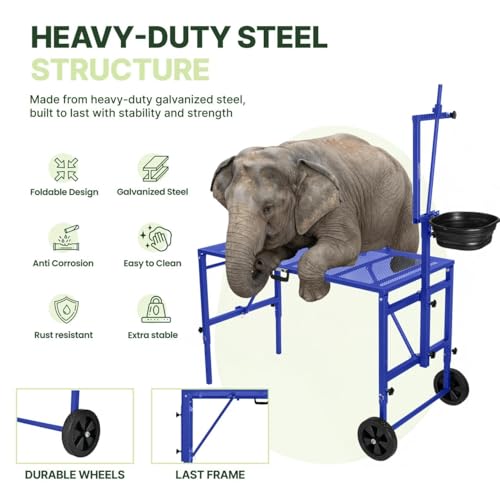 Goat Stand with Adjustable Headpiece & Legs, Goat Milking Stand with Feeder, Rails & Wheels, Stanchion for Grooming & Hoof Trimming, Sheep Stand for Shearing Heavy-Duty Steel Platform, Blue - color: BLUE