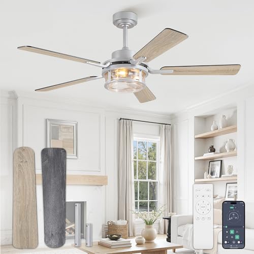 Fanbulous 52 Inch Farmhouse Ceiling Fan with Light and Remote App, Silver | Quiet DC Motor, 6-Speed Reversible, White & Wood Finish Blades, Downrod Mount for Bedroom & Living Room - color: Brushed Nickel