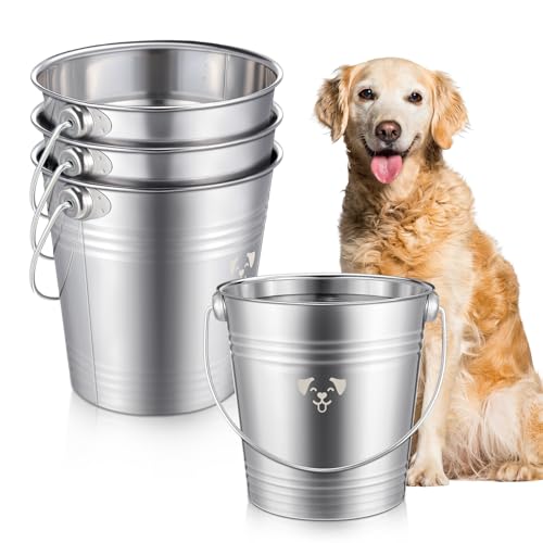 Hicarer 4 Pcs 4 Quart Stainless Steel Dog Water Bucket, Heavy Duty Stainless Steel Bucket Water Pails for Dogs Pets, Kennels Farms Fences, Silver - size: 4 Quart