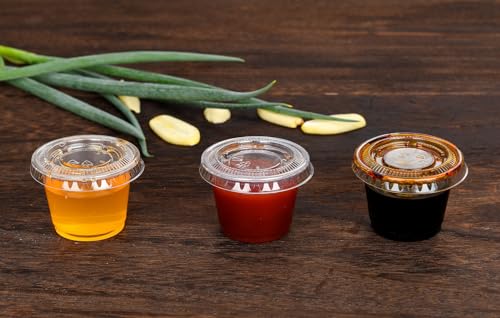 [1 OZ, 100 Sets] Clear Disposable Plastic Portion Cups With Leakproof Lids | Jello Shot, Condiment, Dipping Sauce, Souffle Cups | BPA Free | Recyclable - style: 1 OZ