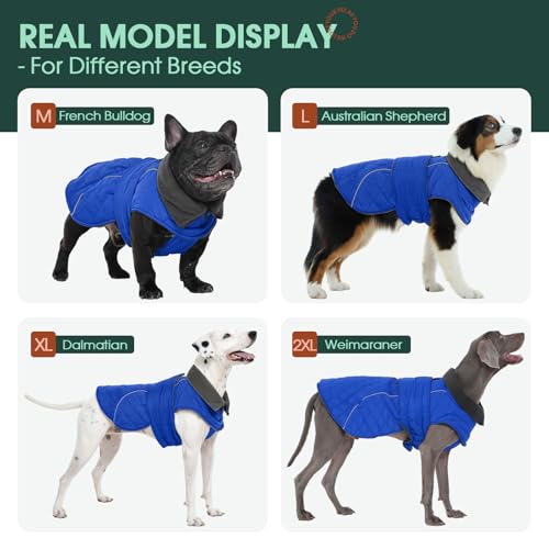 Kuoser Dog Coat Thermal Fleece Lined Dog Jacket, Adjustable Hook & Loop Dogs Coats for Medium Dogs Windproof Reflective Puppy Snow Jackets Pet Cold Weather Clothes with Harness Hole, Blue, M - color: Blue, size: Medium (Chest: 42 - 52CM / 16.53" - 20.47")