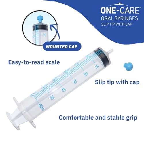 ONE-CARE 60ml Oral Syringe w/Cap, Slip Tip Liquid Dispensers, 25/Box | Precise Dosing, Infants-Oral Feed, Accurate Graduation, Individually Wrapped, Food-Grade Plastic, Adult & Pet - size: 60ml