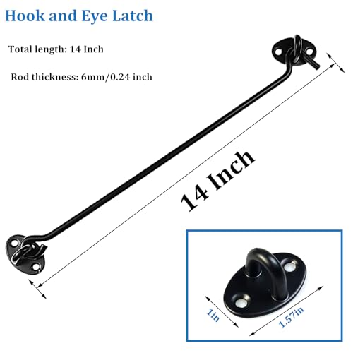 2 Pack 14" Long Hook and Eye Latch Black for Gate, Shed, Garage | 6mm Thick Stainless Steel, Rust-Resistant Black Coating, Stay Latched in Wind, Secure Privacy Latch, For Windows Barn Doors - size: ‎14-Inch