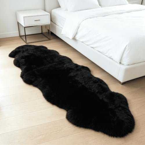 AOGELAN Fluffy Genuine New Zealand Sheepskin Rug Double Pelt/2'x 6' Black | Natural Fluffy Fuzzy Sheepskin Fur Area Rug,Chair Sofa Seat Cover,Living Room,Bedroom,Pets Dogs Mat,Pray Pup Mat,Yoga Mat - color: Black, size: 2' x 6' (Double Pelt)