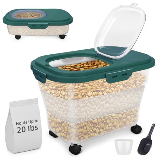 Airtight Dog Food Storage, Collapsible Pet Food Container 17-20 lb with Castors, Plastic Dog Food Bin with Pet Food Scoop & Measuring Cup for Dry Food Storage(green) - color: Green