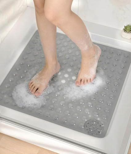 ADOV Square Shower Mat Non Slip, 21 x 21 in Bathtub Mat with 164 Strong Suction Cups, Drain Holes, Machine Washable, Soft Anti-Slip Bathroom Mat for Inside Shower, Tub and Shower Stall - Gray - color: Gray