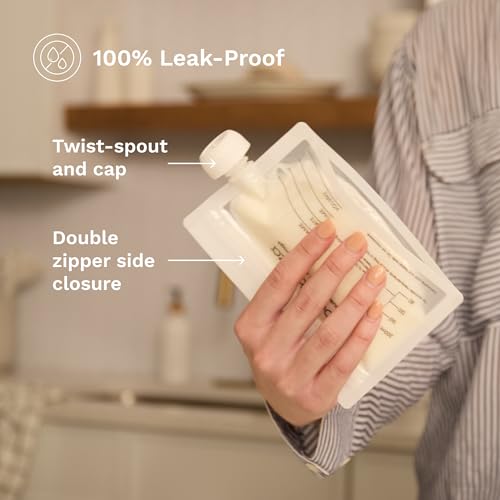 Baby Brezza Reusable Breastmilk Storage Bags, 10 Pack With Filling Funnel | Self Standing Bags with Funnel + Wide Opening for No Spill, Easy Filling - Leak Proof, Double Zipper Seal, Dishwasher Safe