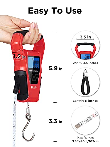 HEETA Waterproof Fish Scale Digital Hanging Fishing Luggage Weight Scale | Up 110lb/50kg Portable Scale with Backlit LCD Display, for Home & Outdoor, Measuring Tape and 2 AAA Batteries Included - color: Red