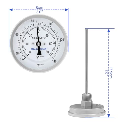 Measureman Fully Stainless Steel Bi-Metal Dial Thermometer, 3" Dial, 6" Stem, 32-140 deg F/0-60 deg C, +/-1% Accuracy, Adjustable, 1/2" NPT Back Mount - size: 3" Dial, 6" Stem, 32-140 deg F/0-60 deg C, style: 6" Stem