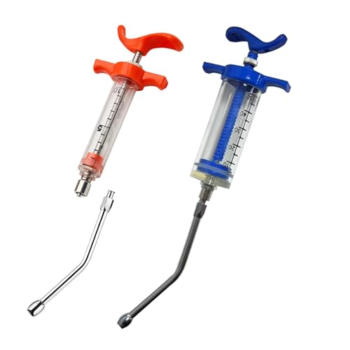 2 Set Feeding Syringe with 2 Drench Nozzle, Adjustable Dosage, Reusable Drench Gun Syringe for Small Animals Newborn Pet Livestock, Small Sheep Pig Dog Cat Bird Feeding Nursing Supplies (10ML+50ML) - size: 10ML+50ML
