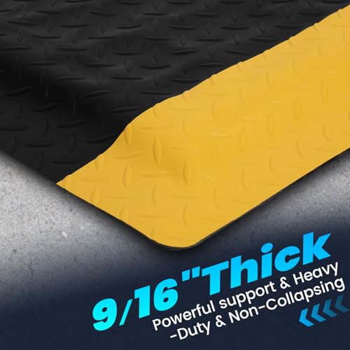 15/16" Anti Fatigue Mats Industrial,Thick Heavy Duty Commercial Grade Ergonomic Standing Mat 1.67' x 4'- Black/Yellow for Workshop, Garage,Sponge Base to Relieve Back & Leg Pain