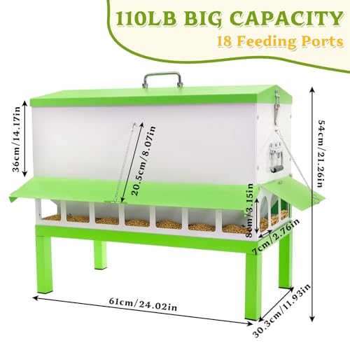 110LB Metal Chicken Feeder with 18 Ports&Legs No Waste Rat Proof | Large Galvanized Weatherproof Poultry Feeder, Fit Chickens, Ducks,Geese,No Assembly,Rainproof For Backyard Coops & Flocks