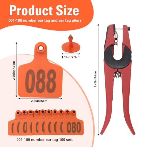 Cattle Ear Tags 001-100, 100Pcs Plastic Livestock Ear Tag for Cows Goats Sheep Pigs with Pliers Applicator & 2 Pins, Animal ID Tags for Ranch Farm Herd Tracking, Laser Print (001-100, Orange) - color: Orange