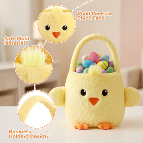 Leinuosen Easter Basket Stuffed Animals Chick Yellow Easter Egg Hunting Baskets Cute Festivals Gift Bags Buckets for Tote Bags for Decorations Candy Gifts Storage - style: Chick