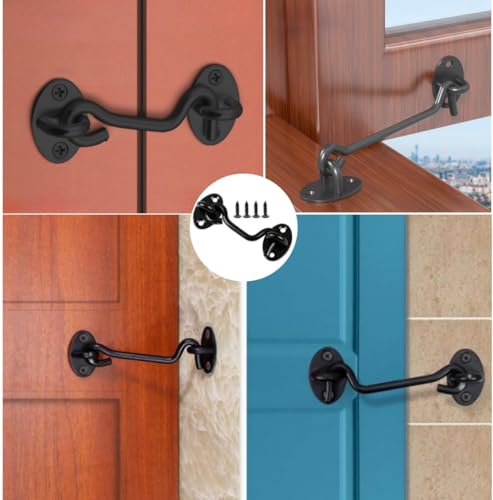 2 pcs Barn Door Lock Gate Latch,6 Inch Black Hook and Eye Latch Heavy Duty Screen Latches Hardware Stainless Steel Gate Lock Cabin Hooks for Sliding Door Bedroom Outdoor Window Cabinet Bathroom