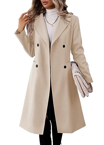 Danedvi Womens Long Double Breasted Coats Lapel Collar Pea Coat Winter Slim Fit Jackets Trench Coat Outwear - color: Beige, size: XX-Large