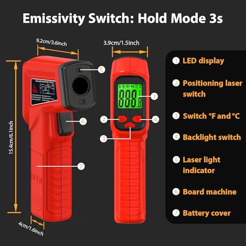 FKM Infrared Thermometer Gun Non-Contact Laser Thermometer Gun -58°F~986°F | (-50°C~530°C) Digital Temperature Gun for Cooking,Oven,Griddle,Automotive,HVAC,Industrial,Adjustable Emissivity,Not for Human - color: Red