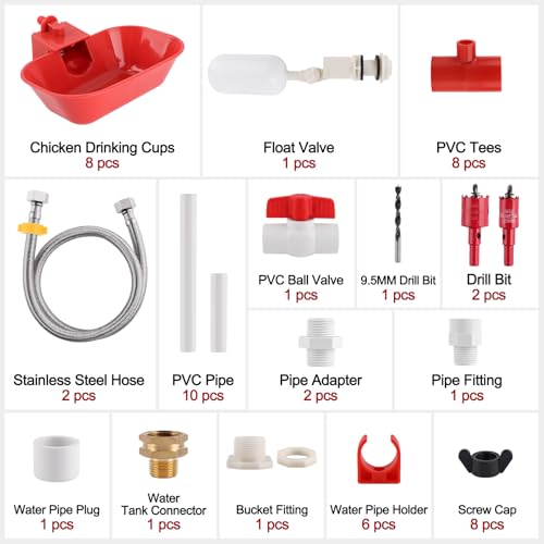 Kalolary Complete Set Automatic Chicken Waterer System | Large Poultry Chicken Water Cups with Stainless Steel PVC Pipeline,Float Valve and Tank Connector Kit,66 Accessories Included