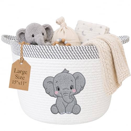 Elephant Baby Storage Basket, Woven Cotton Rope Nursery Bin, 15x11 in | Stuffed Animal and Blanket Storage, Soft Felt Elephant Patch, Neutral Baby Room Decor, Baby Shower, Kids Playroom Organizer - color: Neutral Elephant