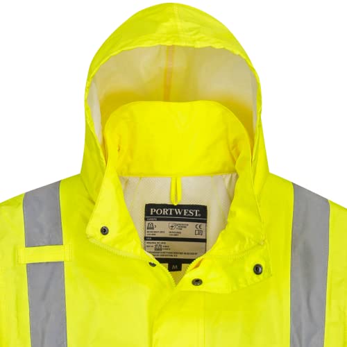 Portwest UH445 Men's Classic Raincoat Waterproof Hi Vis Reflective Long Rain Jacket ANSI Class 3 Yellow | Yellow, X Large, ANSI/ISEA 107 Class 3, Regular Fit, 100% Polyester, Inner Elasticated Cuff, 2 Side Zipper Pockets, Zip Front - color: Yellow, size: