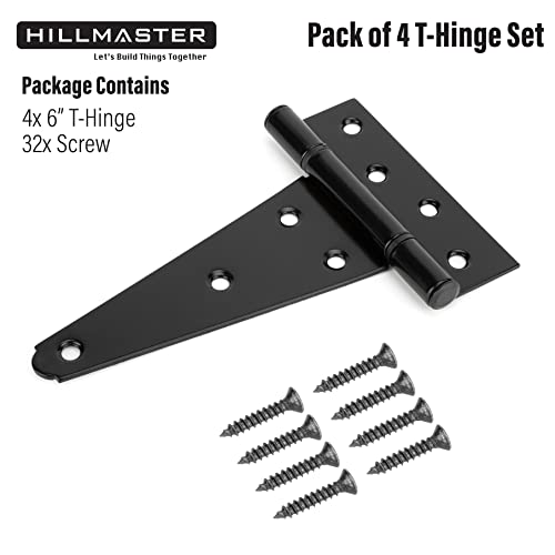 HILLMASTER 6 Inch T-Strap Heavy Duty Shed Door Hinges Gate Strap Hinges Black Tee Hinge Wrought Hardware for Wooden Fences,Yard,Barn Door,Rustproof (4 Pack) - size: 6in 4Pack