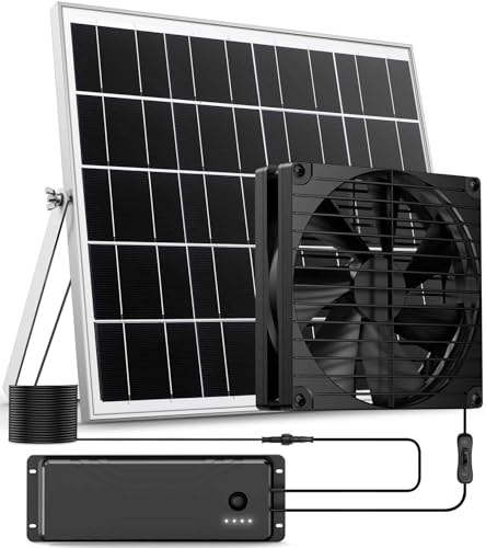 7 Inch Large Airflow Solar Fan with Battery Backup, 12800mAh Batteries IPX7 Waterproof 16.5 Ft On/Off Switch Cable Solar Powered Exhaust Vent Fan for Outside Greenhouse Chicken Coop Shed Trailer - size: 7" Fan Large Kit