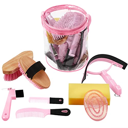 Cunhill 9 Pcs Horse Grooming Kit Tack Room Supplies Set with Tote Bag, Oval Massage Curry, Hard and Soft Brush, Hoof Pick, Sweat Scraper, Bathing Sponge, Comb for Horse Rider(Cute,Pink) - color: Pink, style: Cute