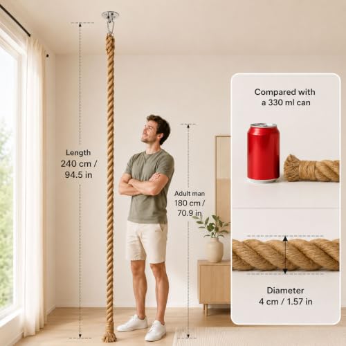 Extra Long 7.9Ft Jute Rope Cat Wall Climber - Heavy Duty Wall Mounted Cat Climbing Pole with Secure Hooks, Indoor/Outdoor Furniture for Active