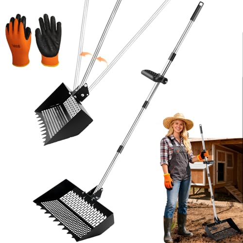 Chicken Poop Scooper, Adjustable Angle Chicken Coop Cleaning, 3-in-1 Sand Rake with Sifting Panels for Hen/Pet House Bedding Management, 304 Stainless Steel Chicken Coop Accessories
