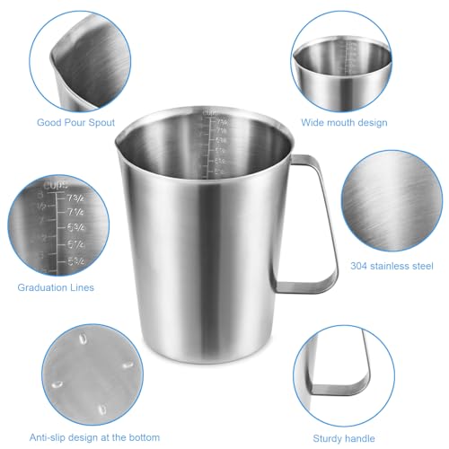 64Oz/8Cup Stainless Steel Pitcher (SUS304), 2 Liter Metal Container for Water, Milk, Liquid with Handle with Engraved Markings, Silver - size: 2000ML