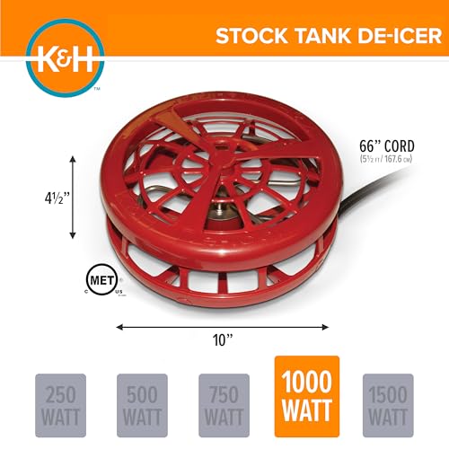 K&H Stock Tank Deicer, Pond Heater, 1000W, Safety Listed, Red | Floating or Submersible Stock Tank Heater; Pond & Water Trough Deicer for Horses, Cattle & Livestock; Cage & Cord Clip - size: 1000 Watts