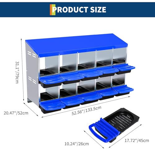 Chicken Nesting Box, 10 Compartment Roll Away Design for High-Volume Egg Collection and Easy Wall Mounting with Metal Legs - color: Blue, size: 10 holes