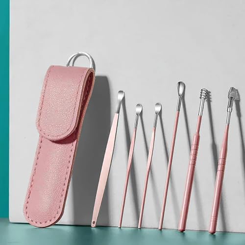6 Pcs Ear Wax Removal Kit,Ear Cleaner Tool: Mini Portable Ear Pick | Ear Scope with Stainless Steel 360° Spiral Ear Massage Cleaning Tool for Adults Kids - Ear Wax Remover with Storage Box(Pink) - color: Pink