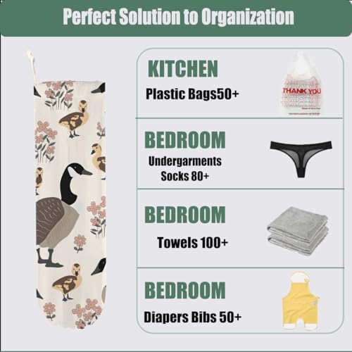 Duck Gifts Plastic Bag Holder, Wall Mount Grocery Bag Holder | Pull Rope Free Adjustment, Washable Reusable Grocery Bags Storage Dispenser for Home Kitchen, Flower Gifts for Women Mom - color: multicolour 0486