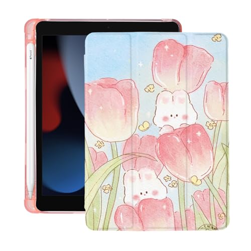 Cute Kawaii Bunny Flower for iPad Pro 11 Inch Case 4th/3rd/2nd Gen | 2022/2021/2020 with Pencil Holder | Auto Sleep/Wake | Multiple Viewing Angles Pink Leather Soft TPU Back Cover - color: Flower Bunny E, size: 11-inch iPad Pro(2022/2021/2020)