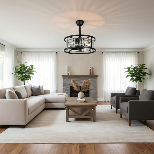 20" Crystal Ceiling Fan with Lights Caged Fandelier Ceiling Fan | Modern Crystal Chandelier Light for Bedroom Nursery Living Room, Remote Control Reversible 6 Speed 4 E26 Bulbs (Not Included) - color: Crystal Cage