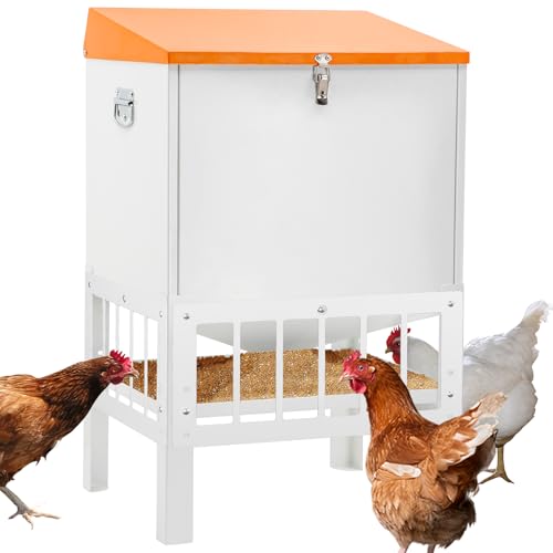 Chicken Feeder with Grille, 85LBS No Waste Chicken Feeder with 22 Ports, Powder-Coated Steel Feeder w/Waterproof Lid and Stainless Handles, 18”L x 15.1”W x 29.5”H